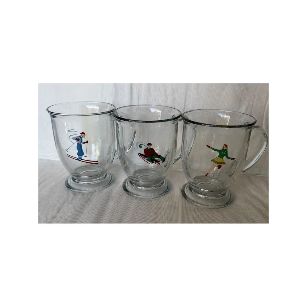 Vintage 3 Glass Footed Mugs Winter Ski Snowboard Sled Dancers‎ Williams Sonoma